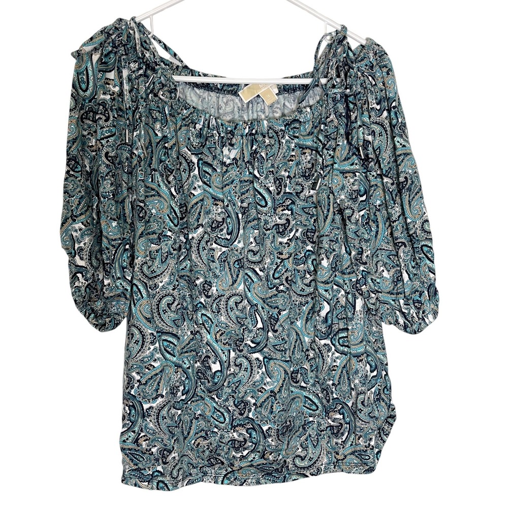 Michael Kors 1X Blue Paisley Off Shoulder Puff Sleeve Top Boho Coastal Chic